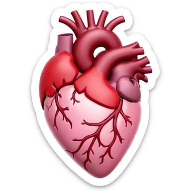 anatomic heart, glossy light pink with deep crimson and cherry red tones, smooth 3D-rendered style, soft lighting, gentle shadows, high contrast, slightly shiny surface, dreamy and elegant, dark romantic or gothic-cute vibe, stylized and polished, no text or clutter sticker