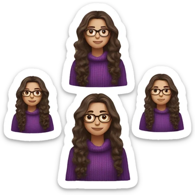 young girl, young hispanic, long brown hair, long curly brown hair, brown eyes, purple winter sweater, glasses sticker