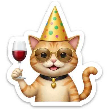 winking happy cat with a huge gold birthday hat, black sunglasses, and a wine glass sticker