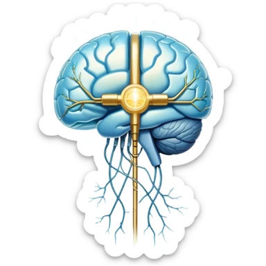 Ethereal pearlescent and light blue capsule in the foreground with a translucent brain positioned behind it, illuminated by golden electrical pulses forming a neural network. A small glowing liver symbol to the side, all surrounded by a mystical aura of mental focus and clarity sticker