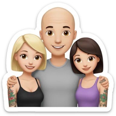 throuple tatted bald boyfriend with blonde girl friend and brunette girlfriend sticker