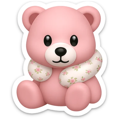 Create an iPhone emoji style pink teddy bear with a floral neck pillow. The bear is sitting, simple and cute, with a transparent background. Maintain the iPhone emoji style look. sticker
