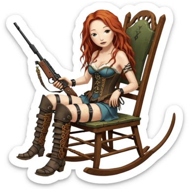 solarpunk ultra HD very old and tired Tori Amos casually crouches on a rocking chair in a torn corset, holding a lintlock double-barreled rifle and with muddy feet. a bronze snake wrapped itself around the chair sticker
