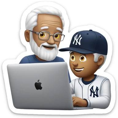 Young man with New York yankees SnapBack hat helping old man to use artificial intelligence on a MacBook  computer sticker