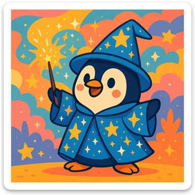 a penguin wizard casting a spell, with sparkles and a starry robe, in a cute cartoon style sticker