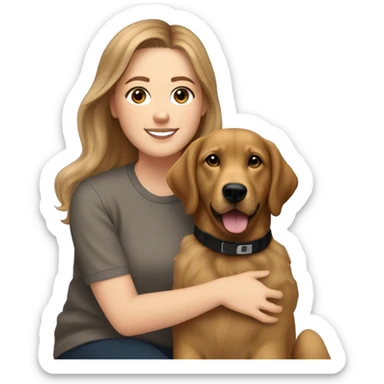 32 year old white woman with brown hair and balayage, wearing a light brown crew neck and matching sweatpants, who loves hockey and is sitting next to her golden retriever black lab mix sticker