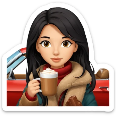 Tanned Girl with lashes , bright black long hair, in an extremely big fluffy brown mustang, and drinking hot chocolate drink sticker