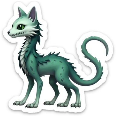 Kawaii spooky dark bleak blackish swampy white-skeletal gloomy ghostly dark greyish dark-deep-greenish foggy eldritch beautiful realistic edgy fantasy ghoul-like stitched feline-vernid-sergal-fursona animal creature with a tufted tail full body with intricate markings  sticker