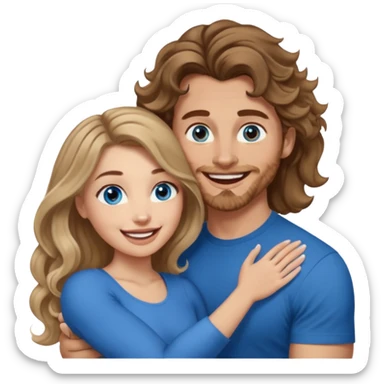 Women with blue eyes and very long, brown blond balayage curled hair in the arms of a man with strong arms a straight face, a very sexy man blue eyes. They are laughing at each other. He has short brown hair and is light skinned  sticker