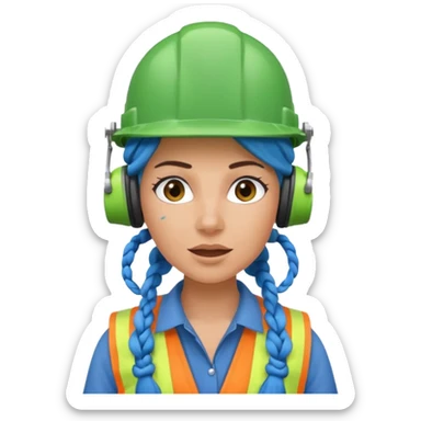 surprised construction worker blue braided haired woman wearing green helmet and headphones sticker