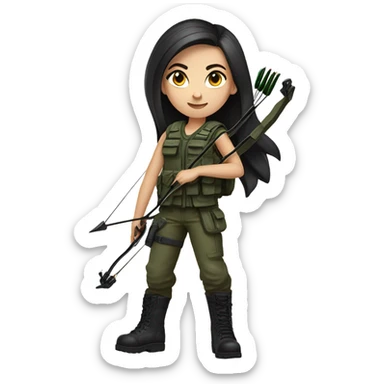 girl with black tactical vest, armed with bow and arrow, long dark hair, bright blue eyes, light skin, army green cargo pants, black tank top, black combat boots, slim sticker