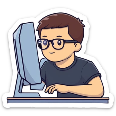 Young man with glasses using an outdated desktop computer with bulky monitor sticker