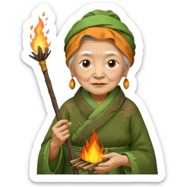 ancient asian old woman, tattered leaf green cloth, hold fire stick sticker