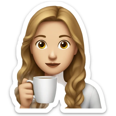 A girl with light brown hair, medium length, brown eyes, and white skin, drinking coffee without attention sticker