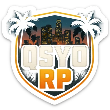 emblem for GTA V RP server, 'QSYO RP' in bold letters, inspired by GTA V cover art, with palm trees and city lights, stylish and modern sticker