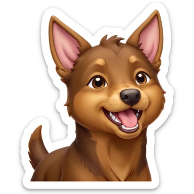 Cinematic Cute Yawning Brown and Tan Kelpie Portrait Emoji, Head tilted slightly with a dramatic, wide-open yawn, showcasing a smooth brown Fur with distinct tan highlights, floppy ears slightly drooping, round warm eyes barely open in drowsy contentment, Simplified yet irresistibly adorable features, highly detailed, glowing with a soft, cozy glow, high shine, relaxed yet expressive, stylized with a touch of whimsy, bright and endearing, soft glowing outline, capturing the essence of a sleepy yet affectionate herder, so drowsy it feels like it could stretch out of the screen and curl up for a nap! sticker