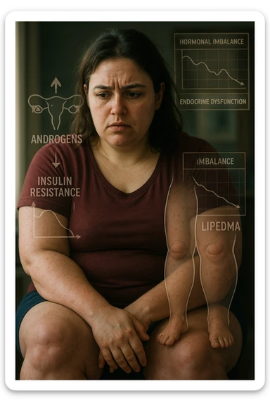 cinematic realistic in italiano Woman with PCOS struggling with hormonal chaos, transparent overlay showing elevated androgens and insulin resistance affecting her body, lipedema causing disproportionate fat accumulation in legs and arms despite normal torso, expression of frustration with unexplained weight gain, medical charts showing complex endocrine dysfunction, painful swollen limbs contrasting with metabolic confusion in italiano sticker