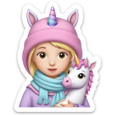 Una cebra bebé con una mamá unicornio abrigados, bufanda y gorro, estilo infantil muchos colores tonos pastel sticker