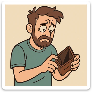 a man with a worried expression looking at an empty wallet, flat toon style sticker
