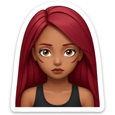 a brown girl with straight long dark red hair, black tank top, eyeliner on. Looking sad sticker