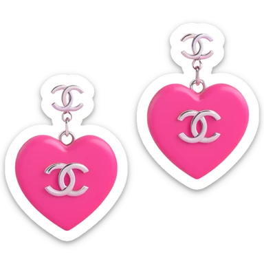 3D emoji-style heart-shaped earrings in pink with a silver Chanel logo in the center, elegant sticker