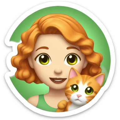 A girl with light brown wavy hair and green eyes big lips and smiling, holding a fluffy orange cat and both of them is pretty sticker