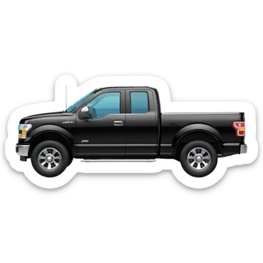 A simple emoji-style icon of a single black F150 pickup truck driving on a road, viewed from the side, shiny black color with chrome details, minimal flat design, vibrant colors, transparent background sticker