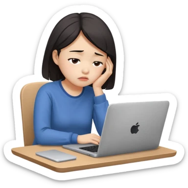 Create an emoji of a tired girl of Asian descent, sitting at a laptop, looking exhausted and frustrated. They have slouched posture, representing overwork and burnout. sticker