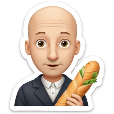 Generate me a bald Jewish man with a big nose holding a baguette sticker