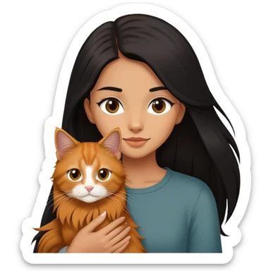 Une fille a la peau mat et yeux marron et au cheveux long lisse et noir portant un chat type Maine coon de couleur roux  sticker