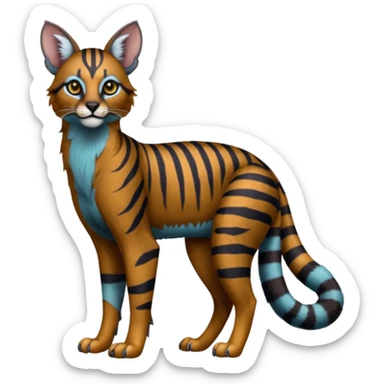 Realistic tiger-striped edgy bluish greyish blackish whitish silvery coppery Shiny Colorful Dusky Dark Gloomy Glossy Genet-Caracal-Lion-Bobcat-fusion-animal-hybrid-creature, full body, tufted ears, long thin tufted tail sticker