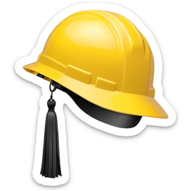 A bright yellow hard hat with a small black tassel hanging from one side, combining the traditional graduation cap with an engineer's safety helmet. The helmet has realistic ridges and a sturdy design, symbolizing construction, engineering, and technical expertise. The tassel is slightly swaying, adding a graduation touch. The background is plain white. sticker
