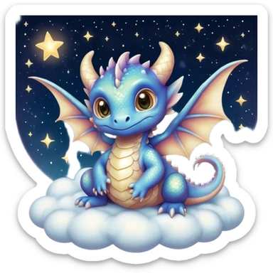 Airbrush painted image of an adorable little baby dragon with large glistening eyes sitting on a cloud under a deep galactic sky with pearlescent scales and wings spread against the stars sticker