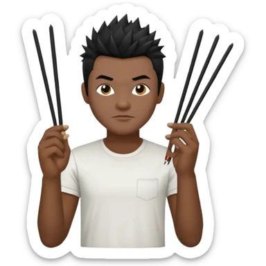 Make it a vietnamese male with spiky black hair holding only ONE pair of chopsticks in one hand, t-shirt sticker