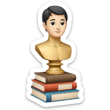 Minimalistic flat vector icon, iOS style, thin black contour on white background. Bust statue on a small pedestal next to a stack of books, symbolizing classic literature. Clean, no text, no shadows sticker