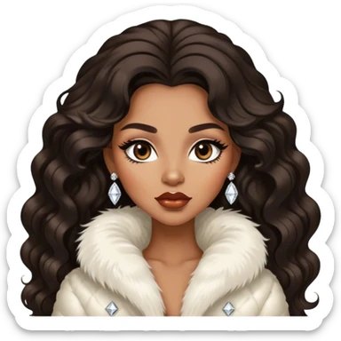 light brown skin tone, very beautiful woman, with big plump lips, long long lashes, black wavy long hair, brown eyes, white fur jacket, diamond earrings sticker
