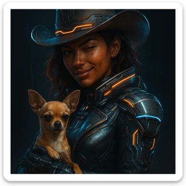 portrait of a tanned female cowboy with subtle freckles, brown hair with auburn highlights, rebellious and playful expression, futuristic style, holding a beige-brown chihuahua, dark background, high-tech elements, metallic colors and neon lights sticker