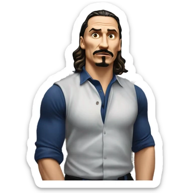 IKEA co-worker of the month Zlatan in Marvel Avengers style, oil paint, mysterious eyes, intricate lips, masterpiece pose, odd perspective, beautiful, desirable, logical sticker