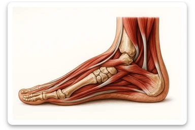 PIEDE UMANO ANATOMICO CON PIANTA PIATTA, VISTO DI PROFILO, CON FASCI MUSCOLARI E OSSA VISIBILI, REALISTICO 4K SFONDO BIANCO sticker