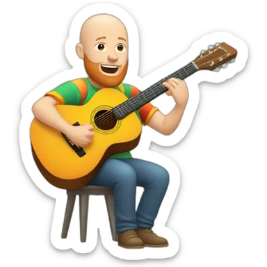 white bald guy with ginger beard playing acoustic guitar wearing a colorful t shirt sticker