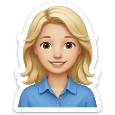 Happy blond girl with light weavy hair with a blue shirt but we can see only her face and neck and the top of the t shirt, no whole body sticker