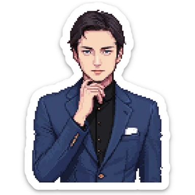 Flat pixel art, focused and reserved male thinker, fair skin, short sleek dark hair, intense sharp eyes, wearing a deep indigo suit jacket over a black shirt, left hand thoughtfully touching chin, waist-up, front-facing sticker