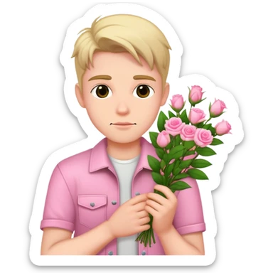 A cool bad boy with fair skin holding a bouquet of pink jasmine roses sticker