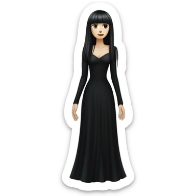  one single goth women full body, wearing long big bell arms, black dress, long hair with bangs, white skin, dark hair,  sticker