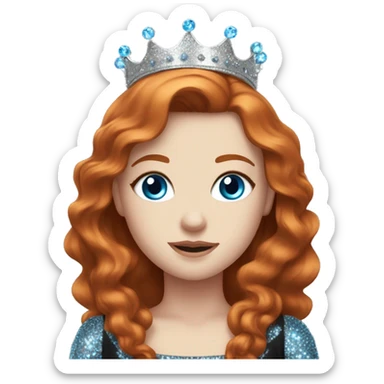 Beautiful girl with redhair, pale skin and bright blue eyes. She wears a sparkly black dress and a silver crown  sticker