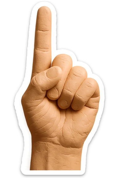 Make the hand look even more plasticy and like a figurine's hand, with a smooth, slightly glossy plastic surface, very detailed and high quality, pointing upwards with the pointer finger extended, realistic skin color, no background. sticker