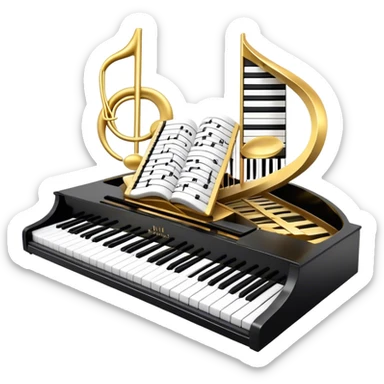 Create a detailed and elegant emoji collage representing keyboard instruments in a celebratory and professional style, reminiscent of a coat of arms. The design should feature a central arrangement of black and white piano keys, forming a symmetrical, powerful image. Around the keys, include a flowing ribbon of musical notes that intertwines with the keys, creating a sense of movement and harmony. Use gold and silver accents to highlight the keys and musical notes, giving the design a festive, high-quality appearance. The design should convey professionalism, elegance, and a sense of occasion. Add subtle reflections on the piano keys to enhance the polished look. The background should be transparent. sticker