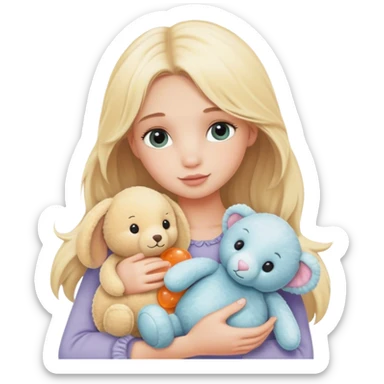 bashful blonde model cradling many cute jellycat stuffed animals sticker