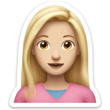 woman with blonde long hair, pale skin, brown eyes and wearing pink  sticker