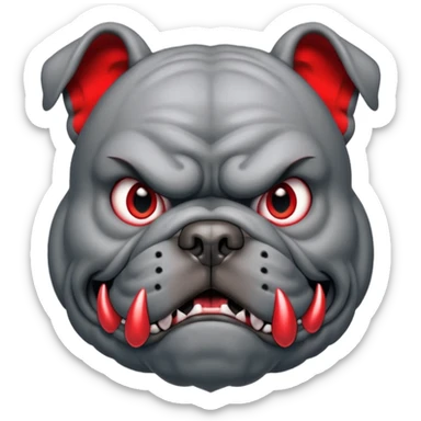 Create a fierce bulldog head emoji facing forward.
Strong jaw, deep wrinkles, and an intense scowl.
slight underbite with two visible fangs.
Dark gray fur with bold highlights and shading for depth.
Add a thick spiked collar (red or black) with shiny metallic spikes.
 sticker